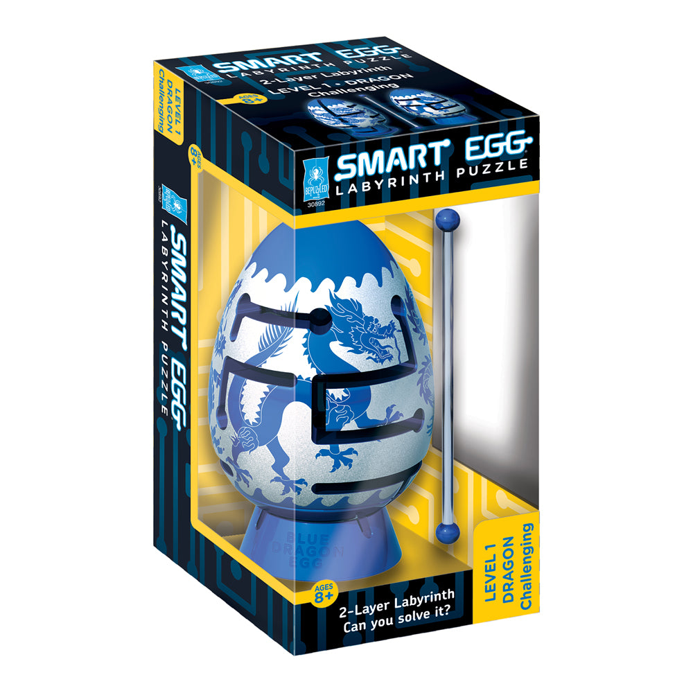 Smart Egg Blue Dragon 2-Layer Labyrinth Puzzle in packaging, featuring blue and white egg-shaped puzzle with black sliding bands and blue ball, ages 8+