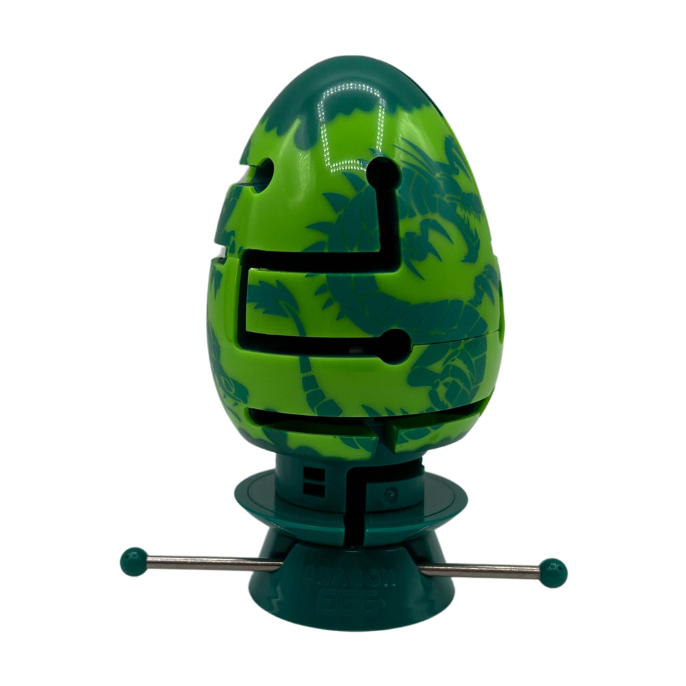 Green and teal egg-shaped puzzle with black slot openings and a metal base, featuring a 2-layer labyrinth design