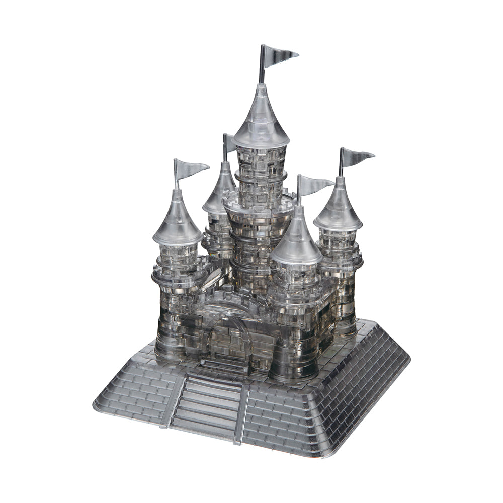 Black crystal 3D puzzle castle with four conical towers topped with flags, assembled on a detailed base platform