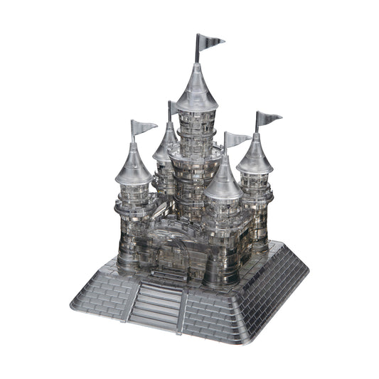 Black crystal 3D puzzle castle with four conical towers topped with flags, assembled on a detailed base platform