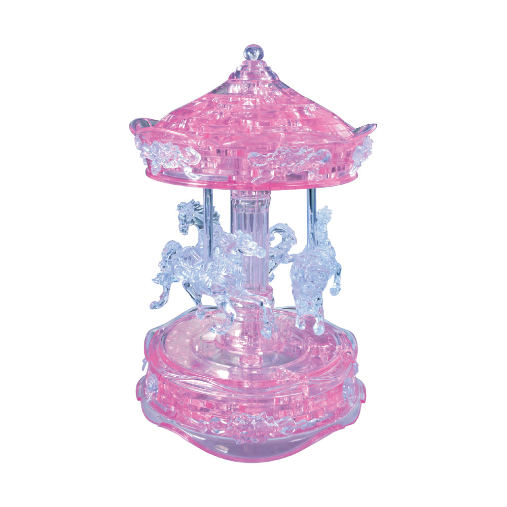 Pink and purple translucent 3D crystal carousel puzzle with four horse figures and ornate canopy roof on hexagonal base