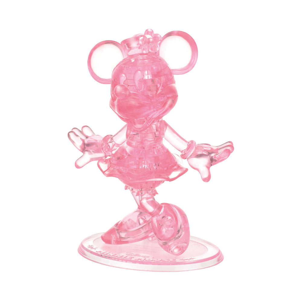 BePuzzled Disney Minnie Mouse 3D Crystal Puzzle, translucent pink plastic assembled figurine on base