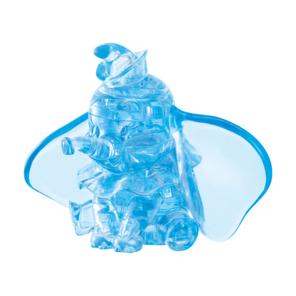 Blue transparent 3D crystal puzzle of Dumbo the elephant with trunk raised and large ears, assembled and displayed against white background