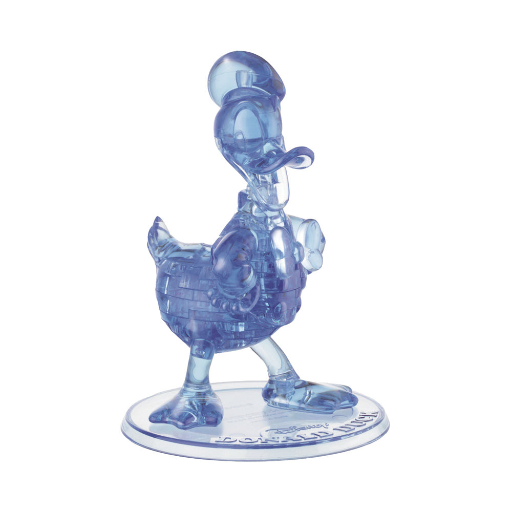 Translucent blue 3D crystal puzzle of Donald Duck standing on a circular base, assembled and complete