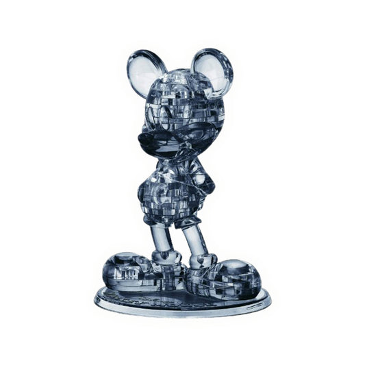 BePuzzled Disney Mickey Mouse 3D Crystal Puzzle assembled figure, translucent dark blue plastic with geometric pattern design, standing pose on oval base