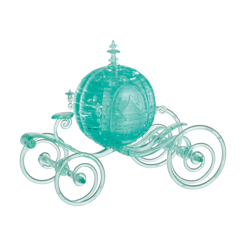 Turquoise translucent 3D crystal puzzle assembled into a carriage shape with ornate swirled wheels and a domed sphere top
