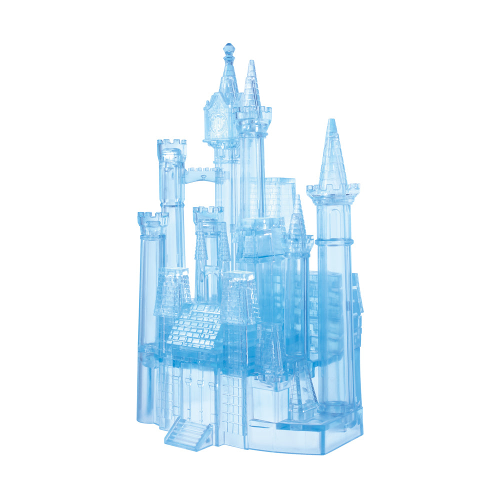 BePuzzled Disney Cinderella's Castle 3D Crystal Puzzle, a translucent blue plastic castle building set with multiple towers and spires