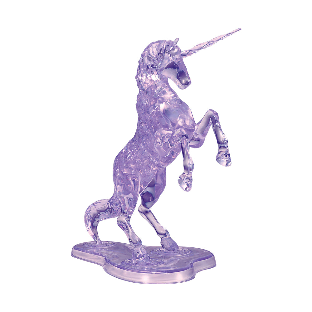 Purple translucent unicorn 3D crystal puzzle figure rearing on hind legs with long horn, standing on decorative base