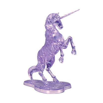Purple translucent unicorn 3D crystal puzzle figure rearing on hind legs with long horn, standing on decorative base