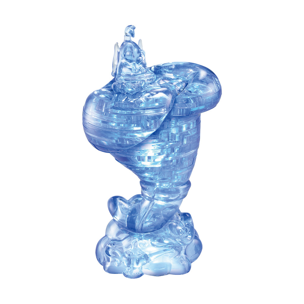Blue translucent 3D crystal puzzle of Disney's Genie character in assembled form, shown against white background
