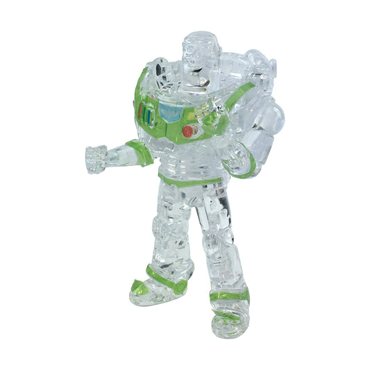 Clear plastic crystal puzzle of Buzz Lightyear from Toy Story 4, assembled with green and white translucent pieces, on plain white background