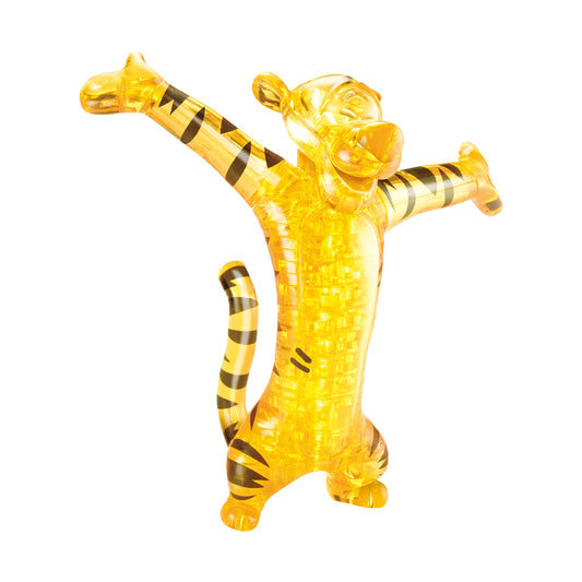 Yellow translucent 3D crystal puzzle of Tigger with black striped accents on limbs and tail, arms raised in cheerful pose