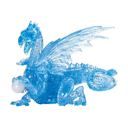 Blue translucent crystal dragon 3D puzzle with wings and spherical orb, assembled on plain white background