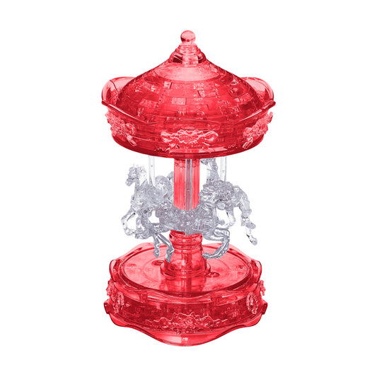 Red translucent 3D crystal carousel puzzle with clear plastic horses and ornate base, 83 pieces