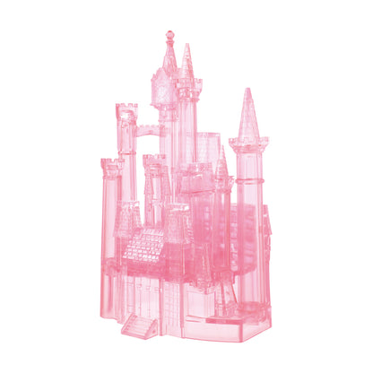 Pink translucent 3D crystal puzzle castle with multiple towers, spires, and architectural details on plain white background