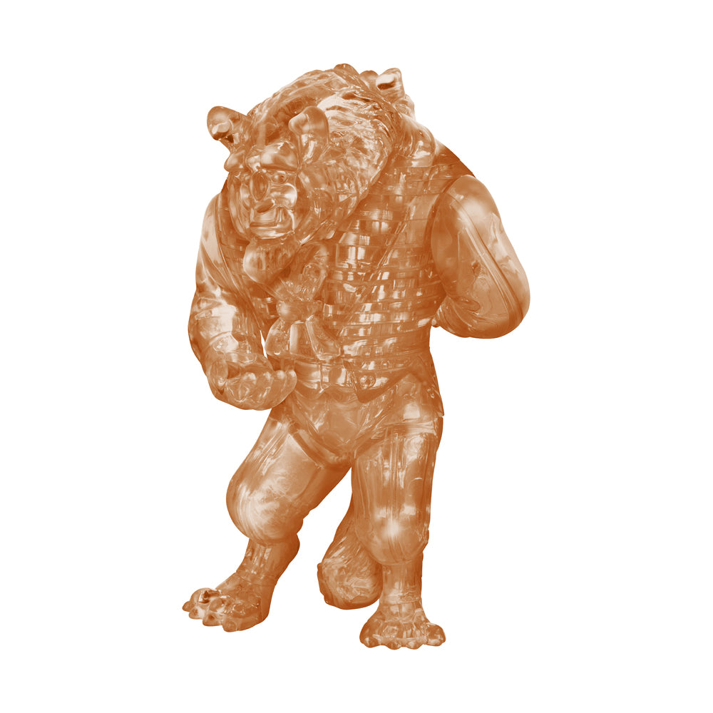Translucent amber 3D crystal puzzle figure of Prince Adam from Beauty and the Beast, assembled and displayed against white background