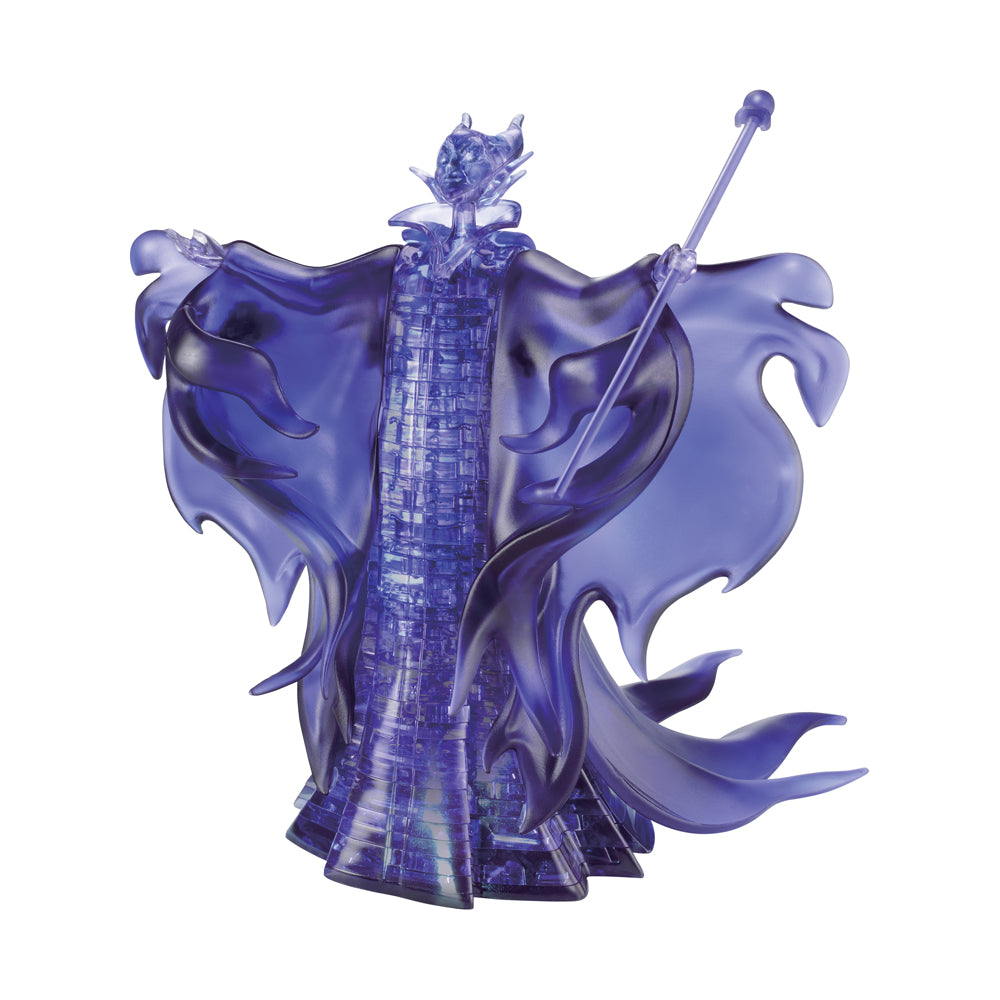 BePuzzled Disney Maleficent 3D crystal puzzle assembled figure in purple with flowing cape and staff, 74 pieces