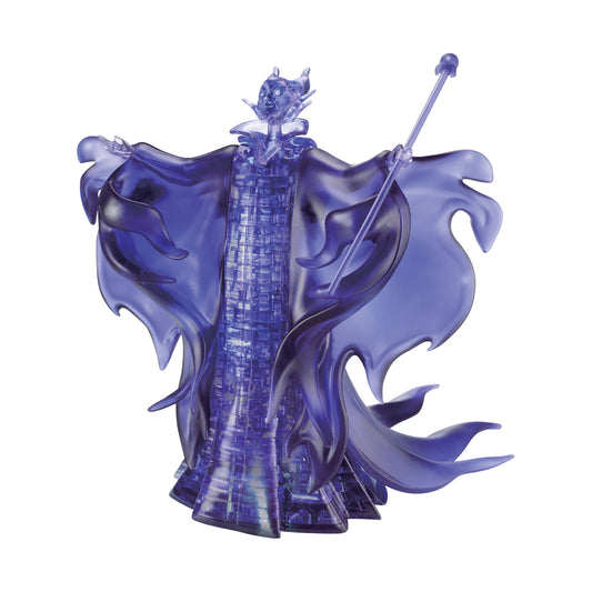 BePuzzled Disney Maleficent 3D crystal puzzle assembled figure in purple with flowing cape and staff, 74 pieces