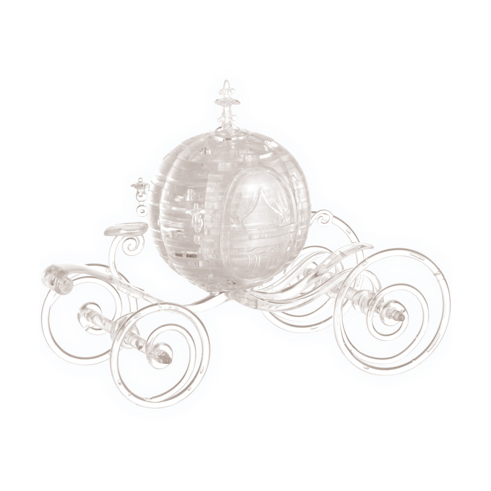 Clear plastic 3D crystal puzzle depicting Cinderella's carriage with four wheels and decorative scrollwork details on plain background