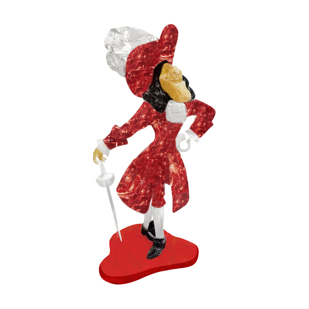 BePuzzled Disney Captain Hook 3D crystal puzzle assembled figure showing the character in a red coat with large feathered hat, holding a sword, standing on a re