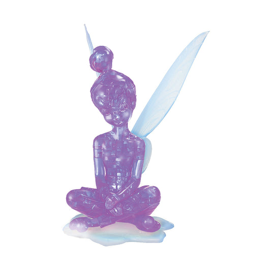 Purple translucent 3D crystal puzzle figure of Tinker Bell sitting cross-legged with blue wings, on plain background