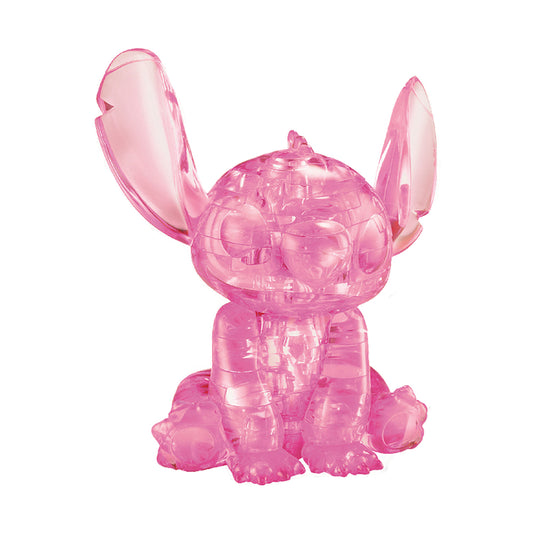 Pink translucent 3D crystal puzzle of Disney's Stitch character with raised ears and paws on plain white background