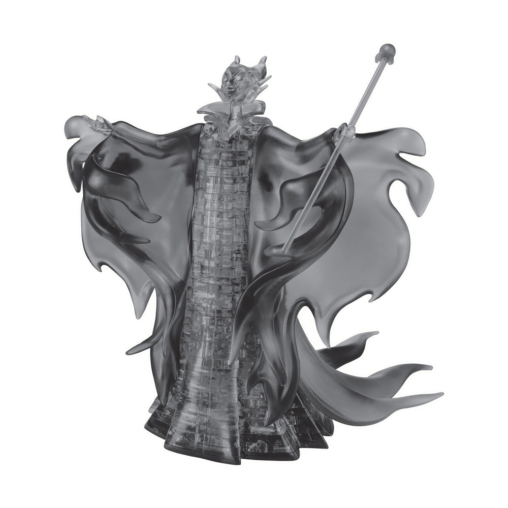 BePuzzled Disney Maleficent 3D Crystal Puzzle showing assembled gray translucent figure of Maleficent with horns, flowing cape, and staff