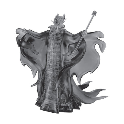 BePuzzled Disney Maleficent 3D Crystal Puzzle showing assembled gray translucent figure of Maleficent with horns, flowing cape, and staff
