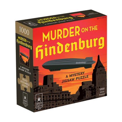 Murder on the Hindenburg 1000-piece jigsaw puzzle box featuring red sky, airship, and silhouetted cityscape