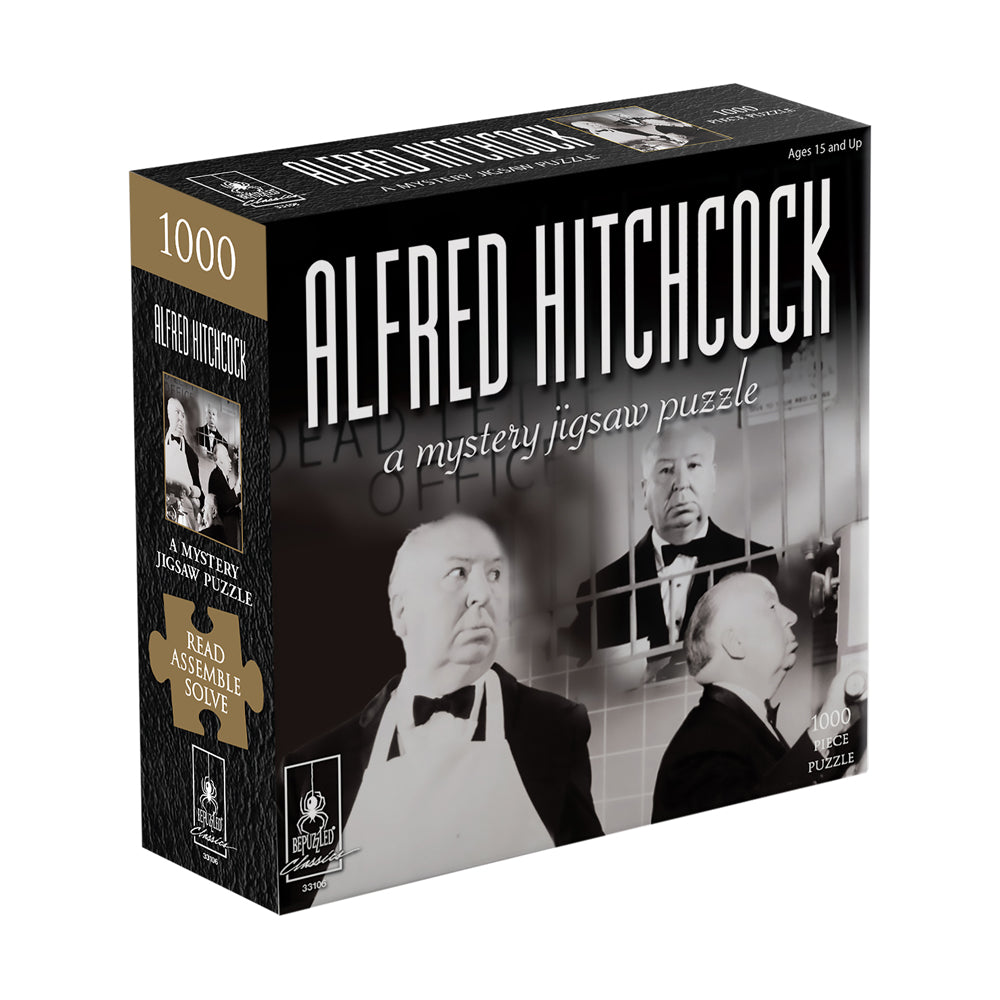 BePuzzled Alfred Hitchcock 'Obsession' Mystery Jigsaw Puzzle box, 1000 pieces, featuring black and white film stills of men in formal attire
