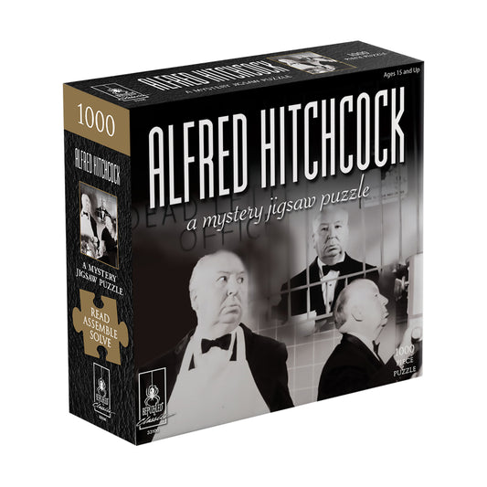 BePuzzled Alfred Hitchcock 'Obsession' Mystery Jigsaw Puzzle box, 1000 pieces, featuring black and white film stills of men in formal attire