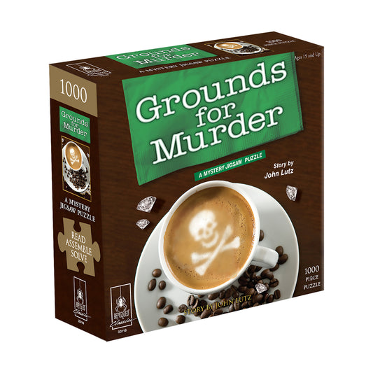 Grounds for Murder mystery jigsaw puzzle box, 1000 pieces, featuring coffee cup with latte art and coffee beans on brown packaging