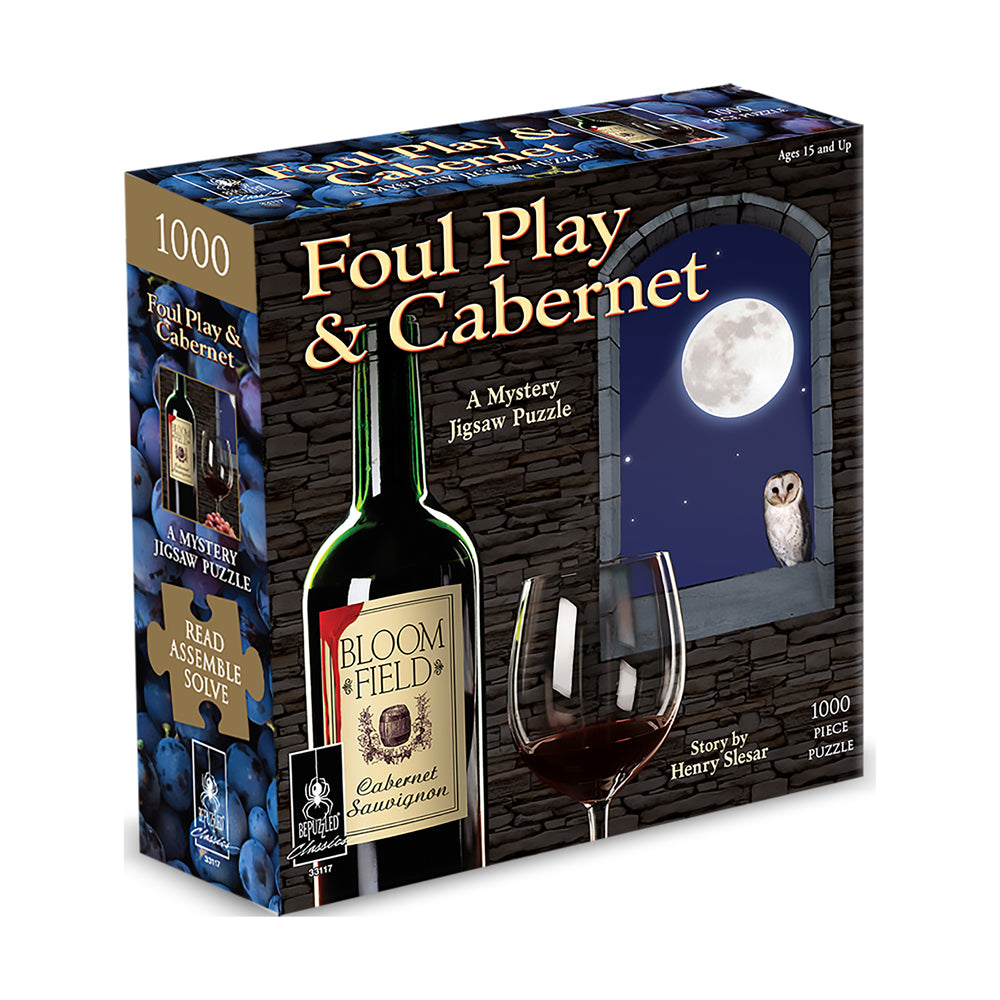 Foul Play & Cabernet 1000-piece mystery jigsaw puzzle box featuring wine bottle, glass, and moonlit window with owl