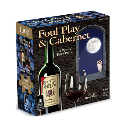 Foul Play & Cabernet 1000-piece mystery jigsaw puzzle box featuring wine bottle, glass, and moonlit window with owl
