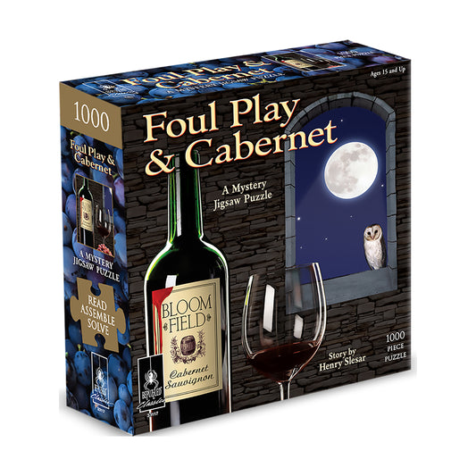 Foul Play & Cabernet 1000-piece mystery jigsaw puzzle box featuring wine bottle, glass, and moonlit window with owl