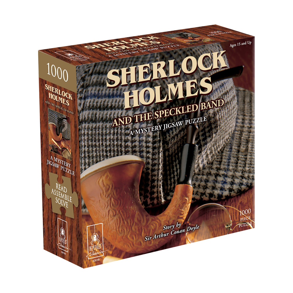 Sherlock Holmes And The Speckled Band 1000-piece mystery jigsaw puzzle box featuring a pipe and magnifying glass on wood background