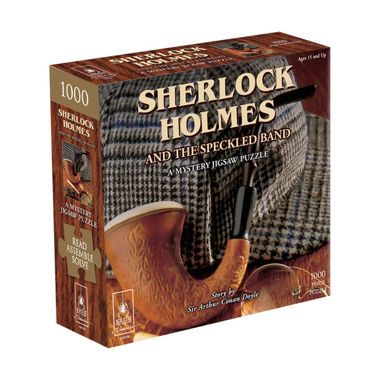 Sherlock Holmes And The Speckled Band 1000-piece mystery jigsaw puzzle box featuring a pipe and magnifying glass on wood background