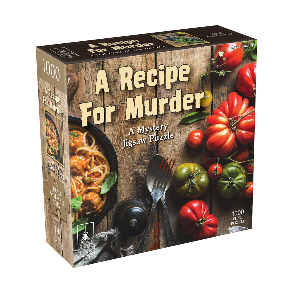 A Recipe for Murder mystery jigsaw puzzle box featuring pasta, fresh tomatoes, and kitchen utensils on a wooden surface, 1000 pieces