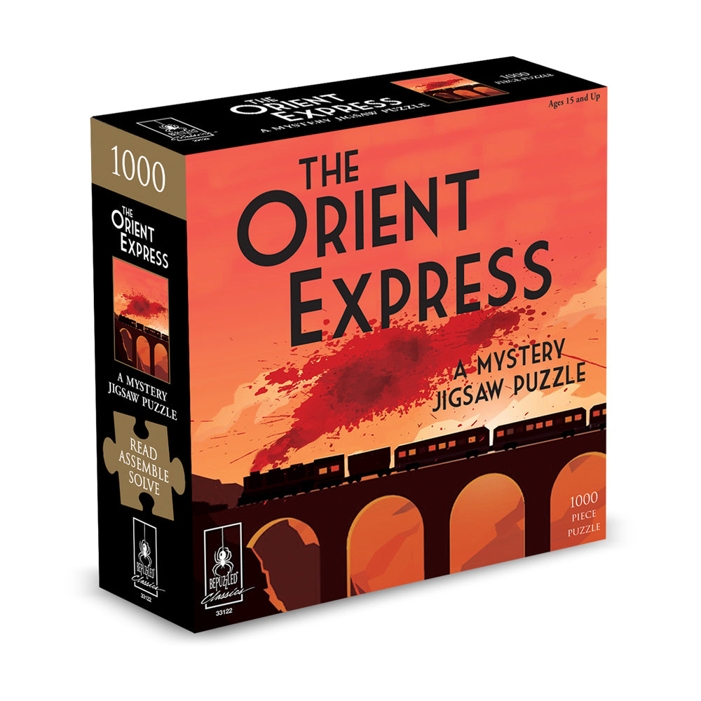 The Orient Express 1000-piece mystery jigsaw puzzle box featuring an orange sunset sky, a steam train on an arched bridge, and text reading 'A Mystery Jigsaw Pu