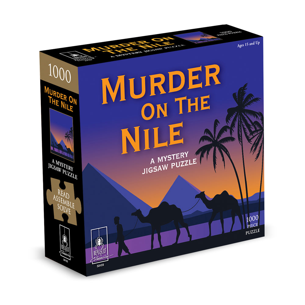 Murder on the Nile 1000-piece mystery jigsaw puzzle box featuring silhouetted figures and camels against Egyptian pyramids at sunset
