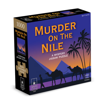 Murder on the Nile 1000-piece mystery jigsaw puzzle box featuring silhouetted figures and camels against Egyptian pyramids at sunset