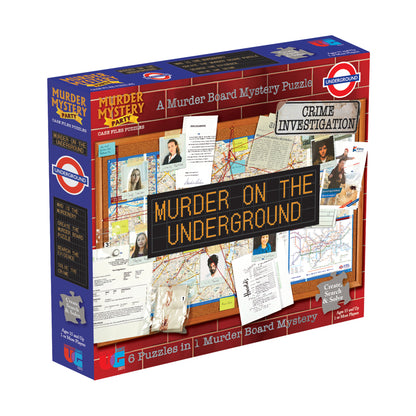 Murder on the Underground board mystery puzzle game box showing crime investigation clues, suspect photos, maps, and game components on a cork board display