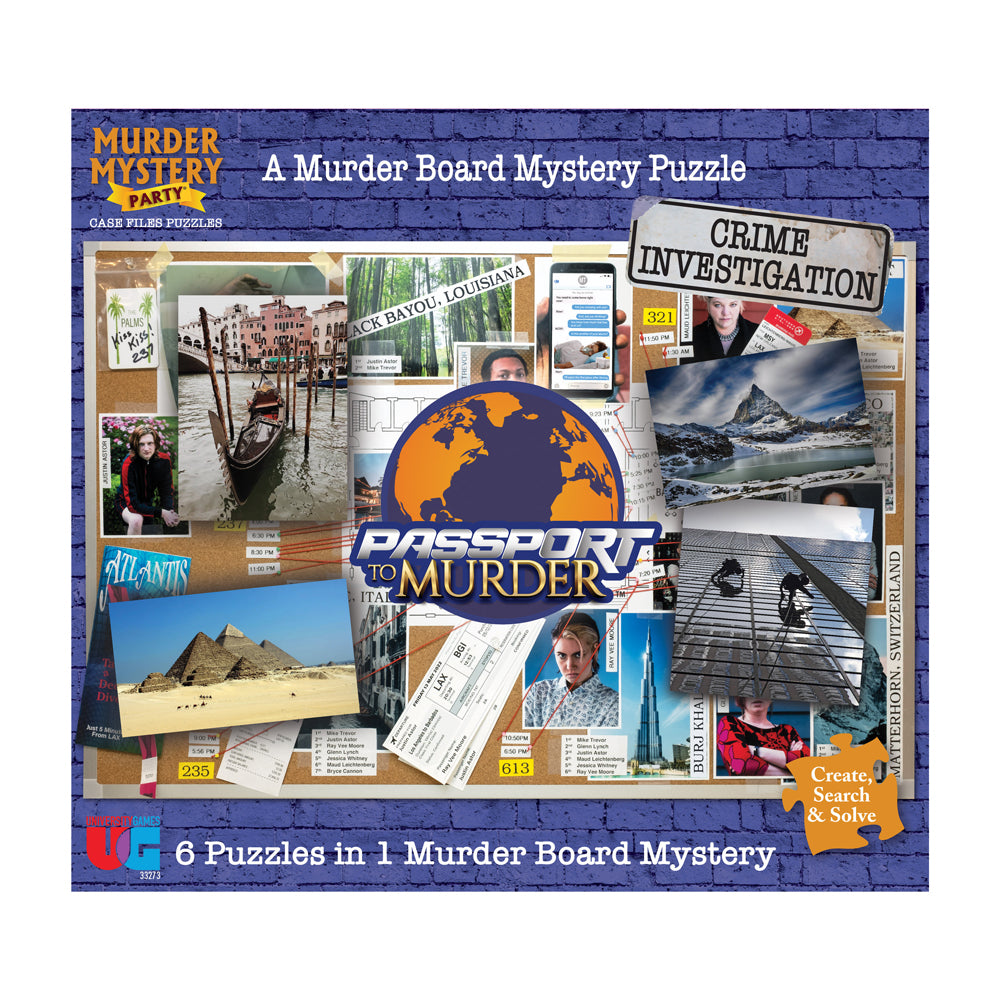 Passport to Murder board mystery puzzle game box showing crime investigation clues, world map globe logo, passport stamps, destination photos including pyramids