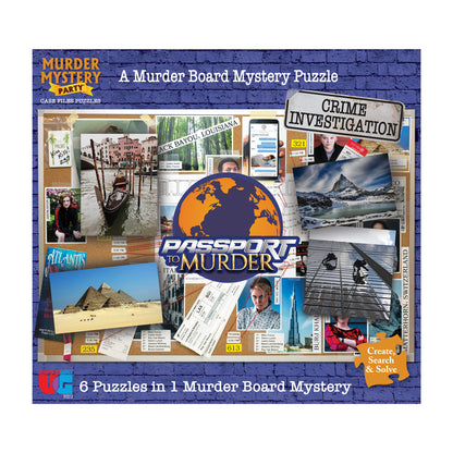 Passport to Murder board mystery puzzle game box showing crime investigation clues, world map globe logo, passport stamps, destination photos including pyramids