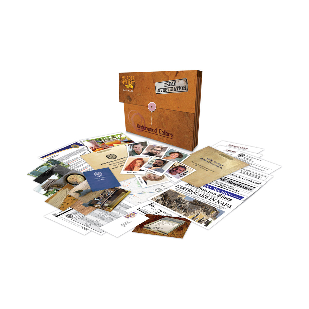 Murder Mystery Party Case Files: Underwood Cellars game box with contents displayed, including investigation cards, photographs, documents, and clue sheets spre