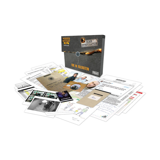 Crime Investigation board game box with title Fire in Adlerstein displayed above scattered game components including case files, photographs, suspect cards, inv