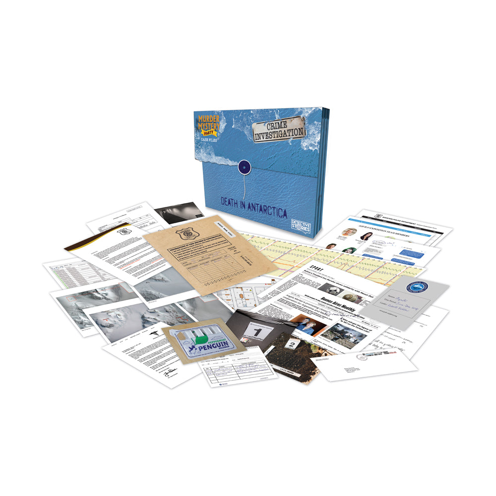 Murder Mystery Party Case Files: Death in Antarctica Investigation Game box with game contents displayed, including cards, documents, photos, and investigation