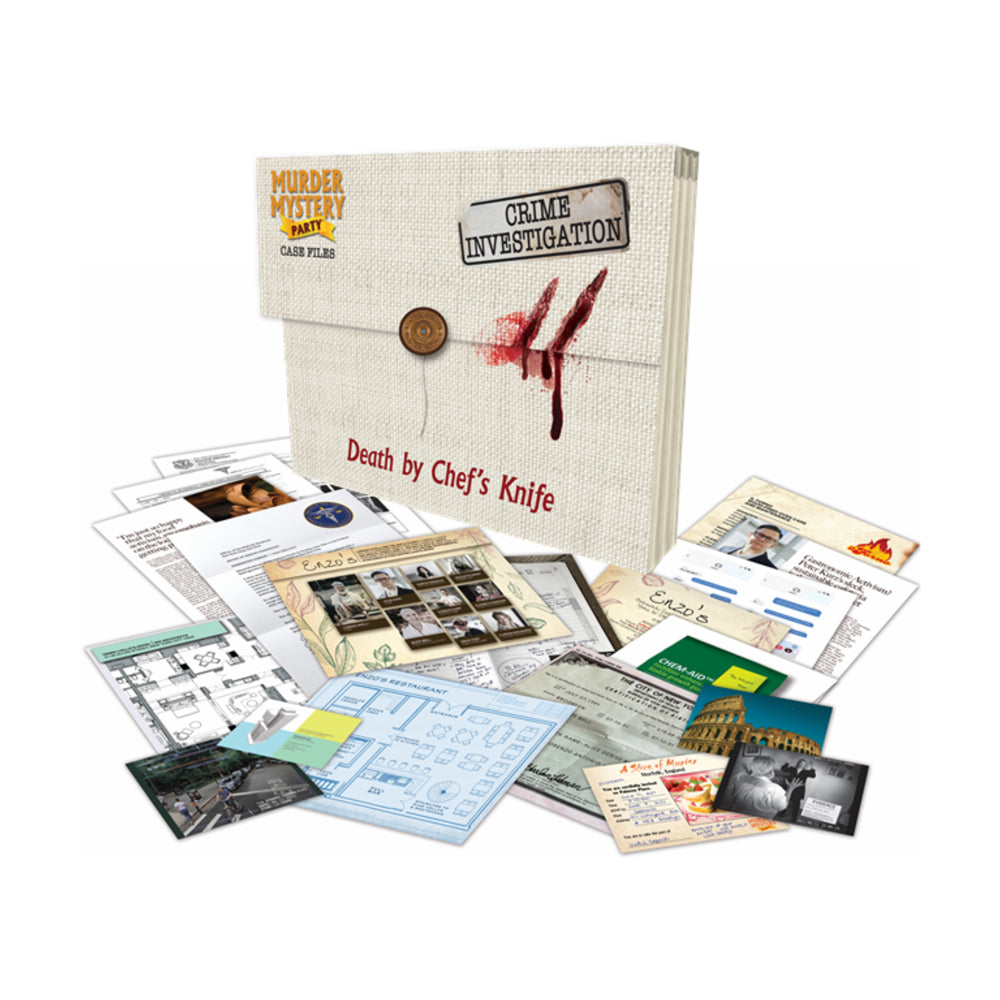 Murder Mystery Party Case Files: Death By Chef's Knife game box with cream linen cover, stamped Crime Investigation label, and red knife graphic, displayed with