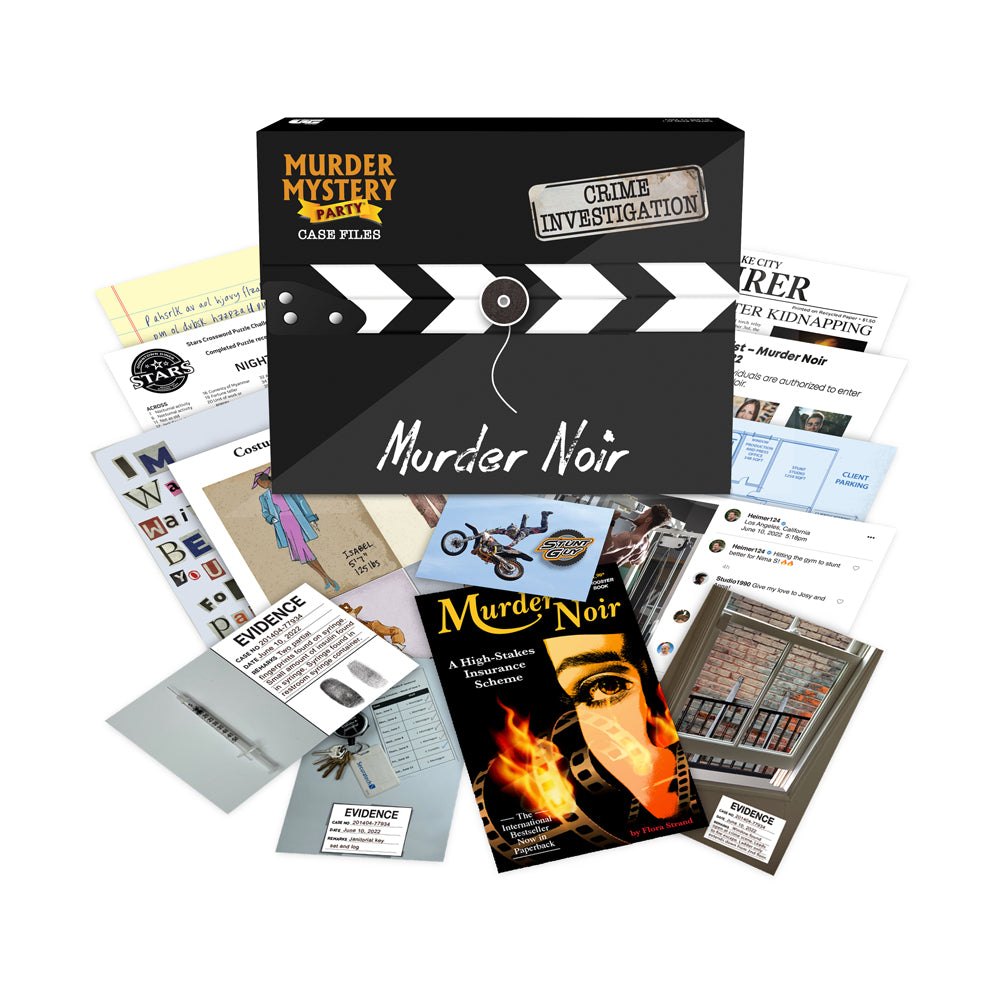 Murder Mystery Party Case Files: Murder Noir game box and contents including case files, evidence cards, newspaper clippings, and investigation materials spread