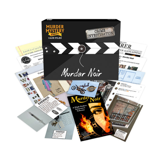 Murder Mystery Party Case Files: Murder Noir game box and contents including case files, evidence cards, newspaper clippings, and investigation materials spread